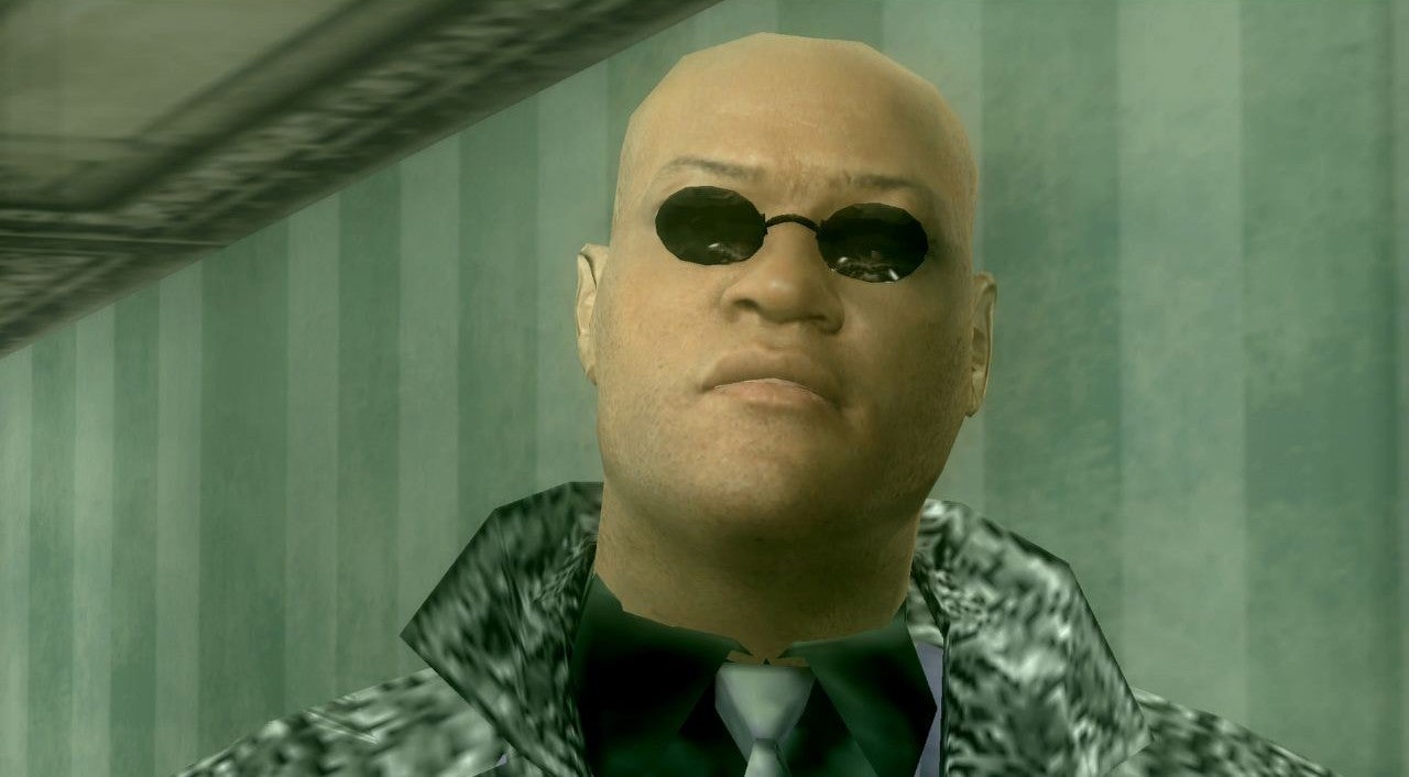 A face shot of a videogame version of Morpheus from the Matrix, wearing his trademark very small cool sunglasses and a high-collared coat - 1