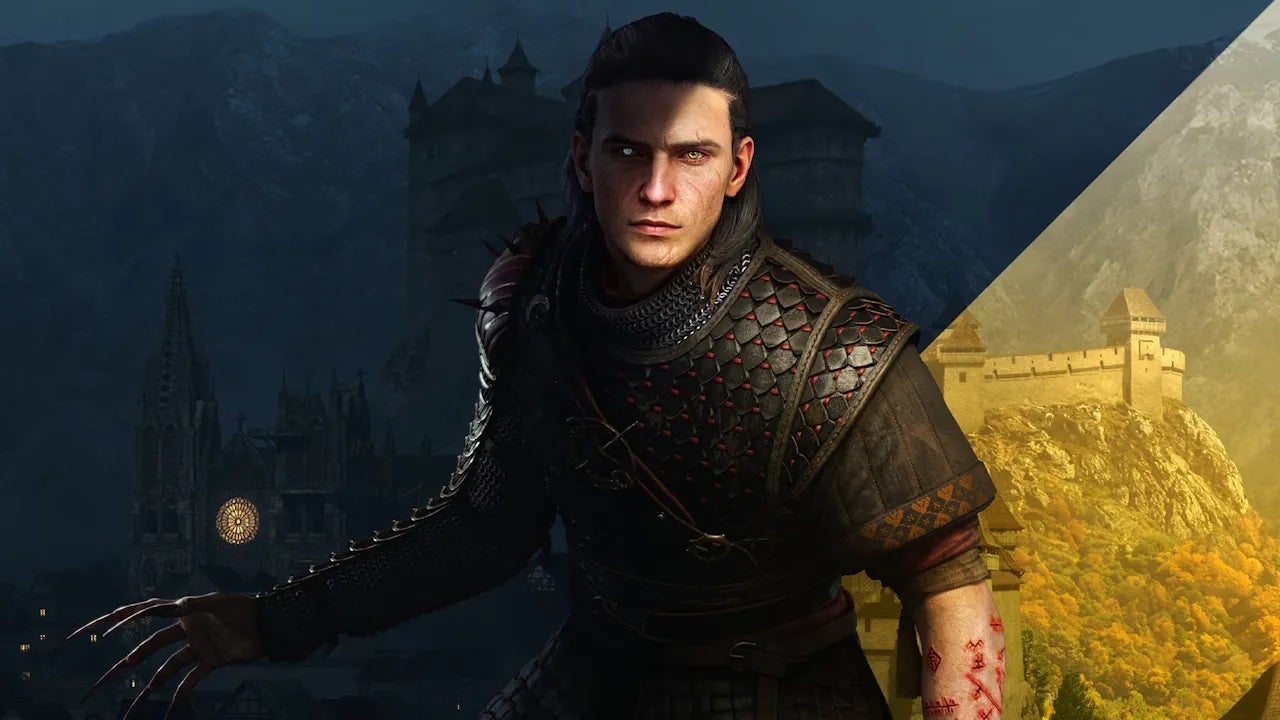 An image of Blood of the Dawnwalker protagonist Coen, split diagonally into day and night sections to show Coen's transformation into a clawed vampire after dark. Coen himself is a pretty white dude with long black hair and red tattoos. - 1