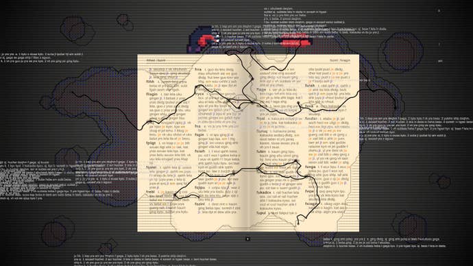 A dictionary page with an original language and some overlaid lines and text, from “language adventure game” Ginger.