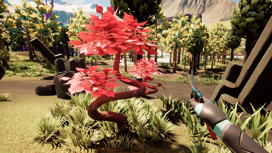 An image of the player using scissors to prune a tree in alien bioengineering sim Honeycomb: The World Beyond