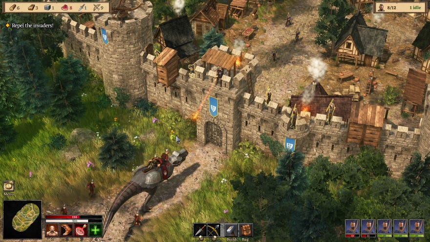 A Dane on a T-rex charging a castle gate in strategy RPG hybrid Dinolords