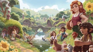 A cosy drawing of some hobbits gathered together near a brook with bridges and hobbit houses and a nice blue sky behind, in key art from Tales Of The Shire