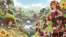 A cosy drawing of some hobbits gathered together near a brook with bridges and hobbit houses and a nice blue sky behind