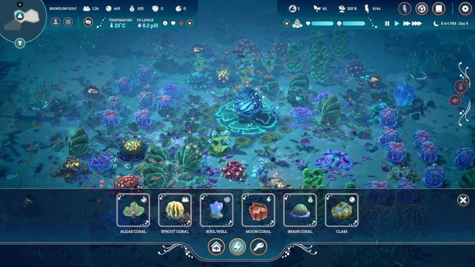 A colourful coral reef being built successful Life Below, with a UI paper of coral types on the bottom.