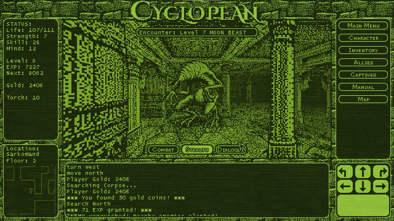 A cosmic monster in a pillared pixelart 3D dungeon in Cyclopean: The Great Abyss - 1