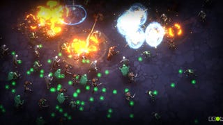 A screenshot of Pathfinder: Gallowspire Survivors, showing the player fending off waves of green undead amid clouds of exploding magic