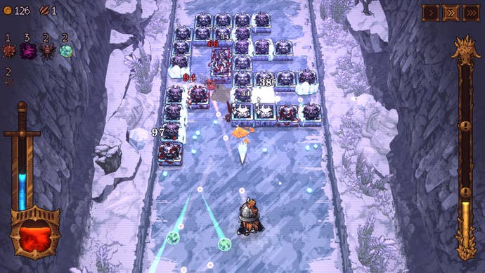 A screenshot of Ball X Pit, showing a subordinate quality firing bouncy balls up a purple shaft of block-shaped enemies.
