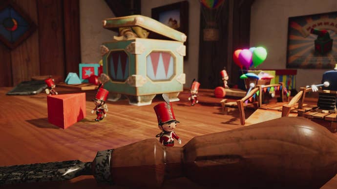 Toy soldiers near a Jack in the Box in puzzle game Tin Hearts