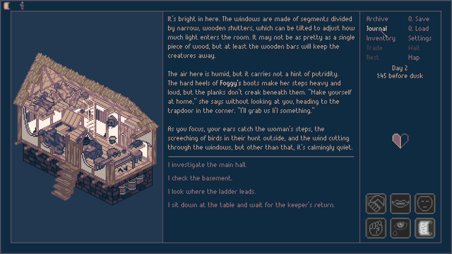 A screenshot of an old woman&rsquo;s thatched house in Roadwarden, with the wall cutaway to reveal the cluttered interior.