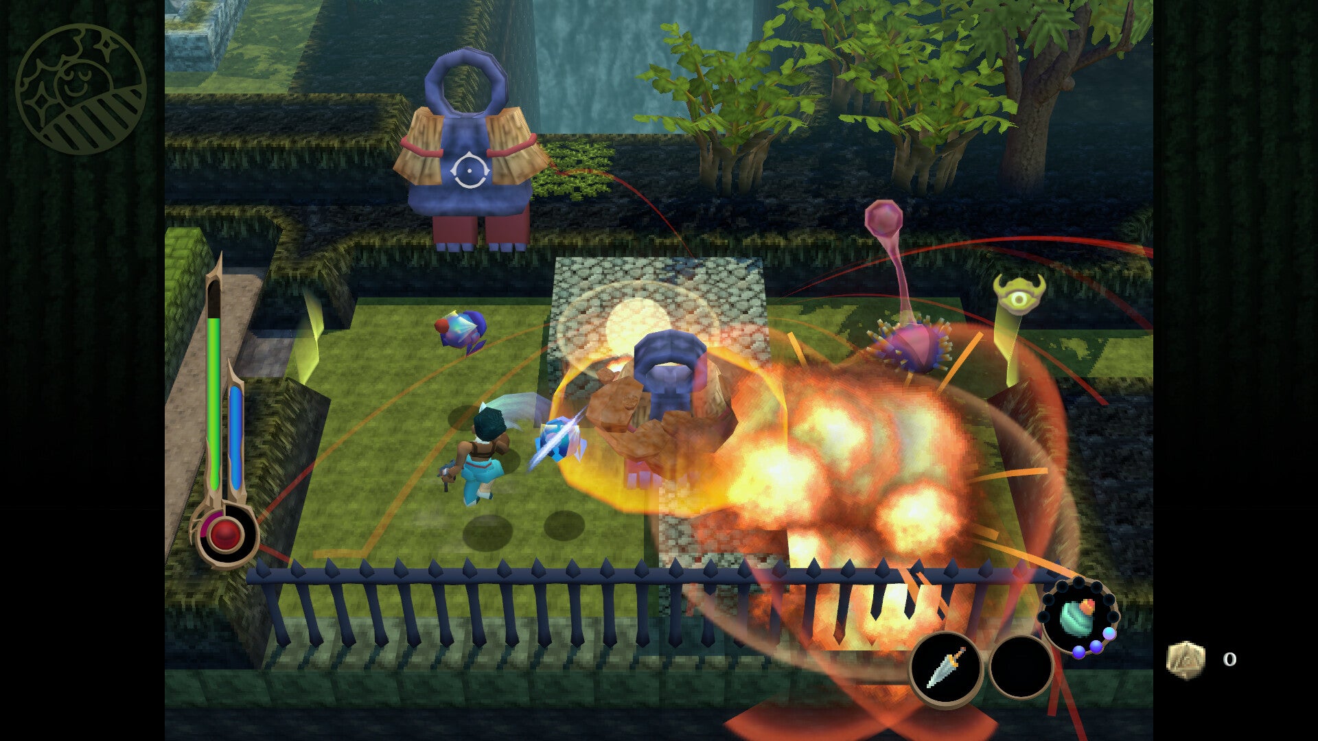 A green outdoors level in Angeline Era, showing a bunch of enemies engulfed in blast clouds with the sword-wielding player character on the left. - 1