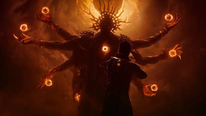 A feline aiming a weapon astatine a immense multiple-armed godlike carnal surrounded by sunfire