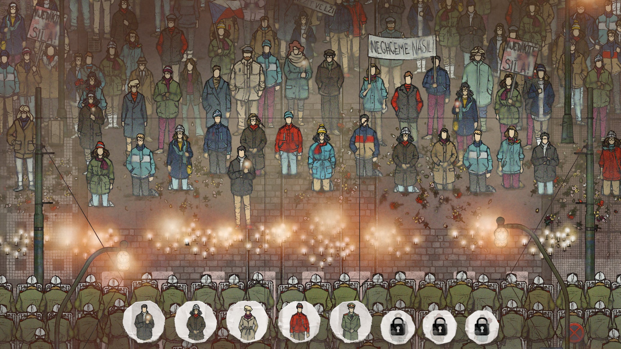 An illustration of a crowd of protestors in Velvet 89 - 1