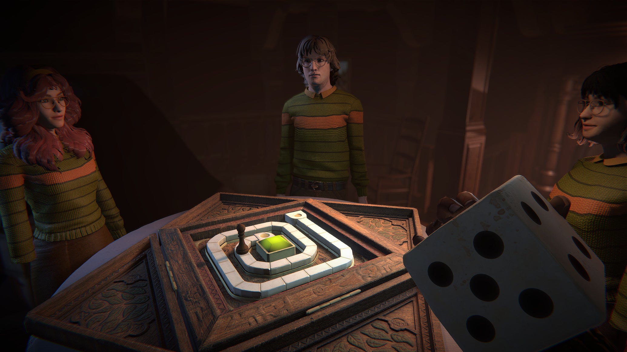 A group of young people standing around a creepy boardgame in Invokyr, with one holding a large die. - 1