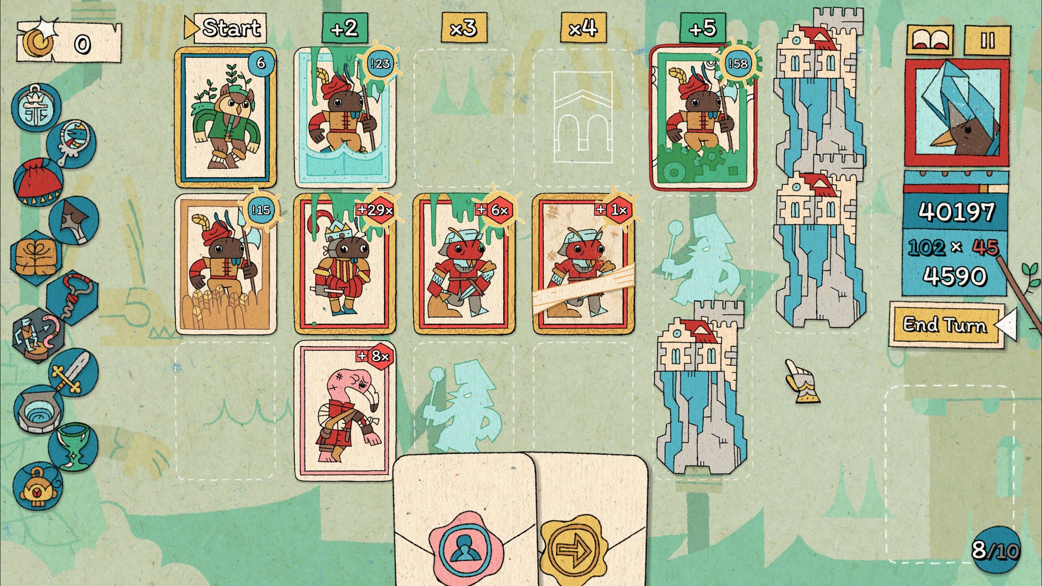 A colourful papery spread of animal-themed cards on a forest green backdrop in The Royal Writ. - 1