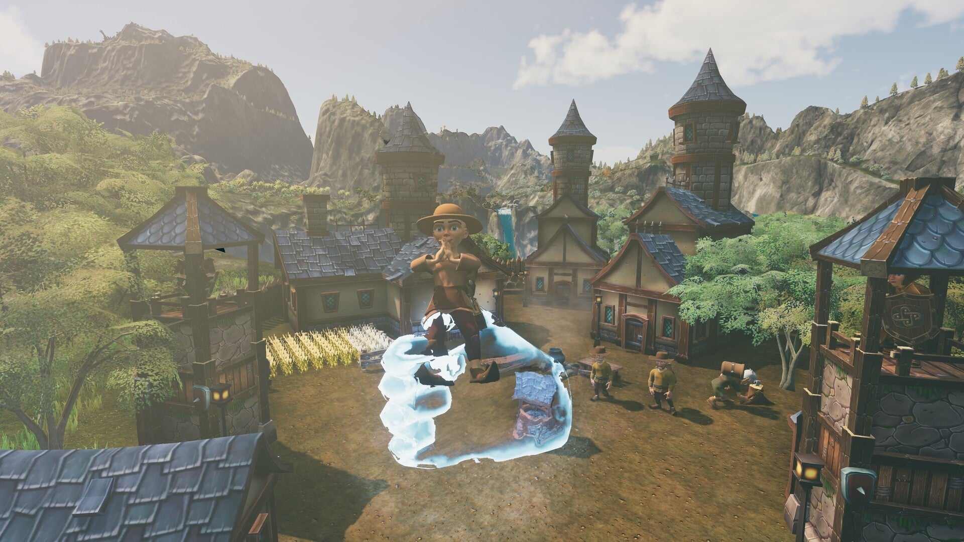 A ghostly god hand holding up a villager to the camera against a backdrop of buildings in Fata Deum. - 1