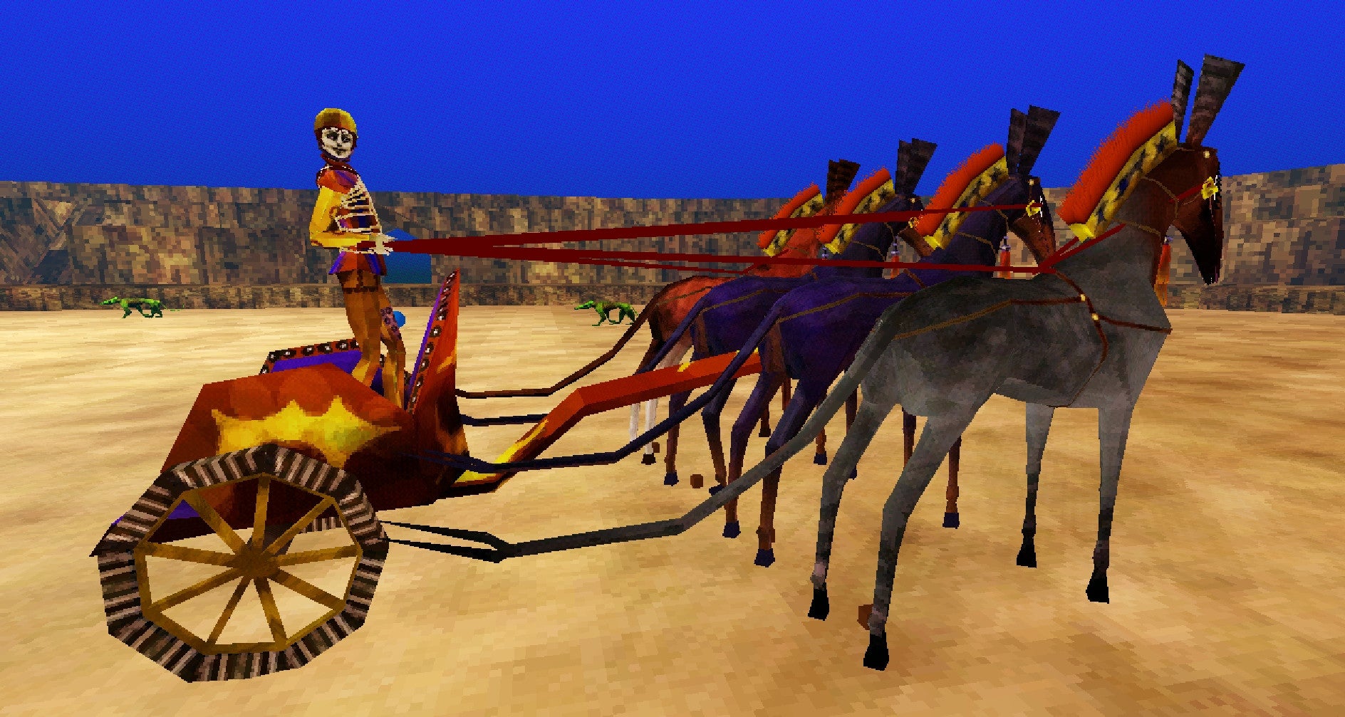 A bunch of horrible angular horse demons hitched to a chariot in Ska Beast Dressage. - 1