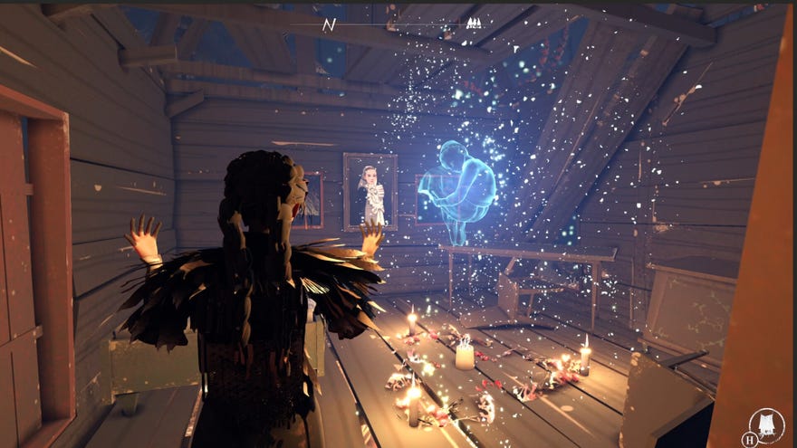 The witch protagonist of Reka performing a spell involving candles and a floating curled-up ghostlike figure.