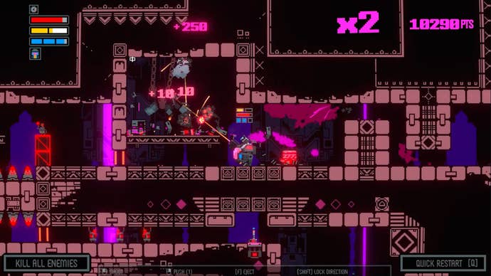 A pink and purple 2D platform level with a mecha pilot girl shooting damage numerals out of enemies