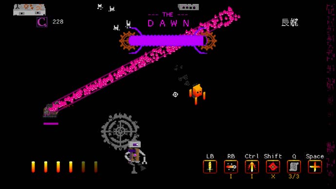 A pitch-dark top-down 2D world in which your character, a flaming cube surrounded by flying rods, fights a robot called the Dawn. From the PC game Nothing Beyond This Point.
