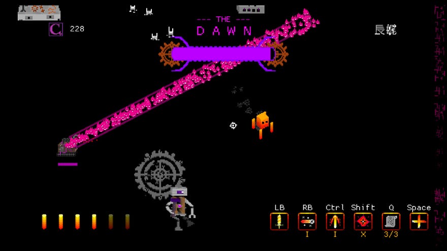 A pitch-dark top-down 2D satellite   successful  which your character, a flaming cube surrounded by flying rods, fights a robot called the Dawn. From the PC crippled  Nothing Beyond This Point.