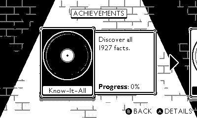 An Achievements page from DirectDrive, with a framed disc spotlit on a wall. The disc is called "Know-it-all" and the description for the achievement is "Discover all 1927 facts."