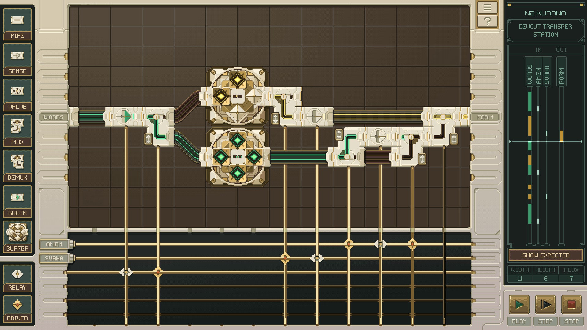 An engineering puzzle in UVS Nirmana, made up of strange pipes and components with a timeline along the bottom.