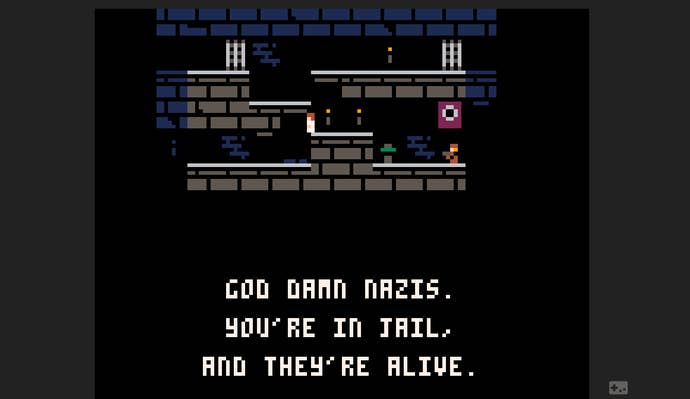 The opening screen of PICO-8 platformer Prince Of Prussia, showing some text referring to Nazis and the player character in the middle standing on some platforms