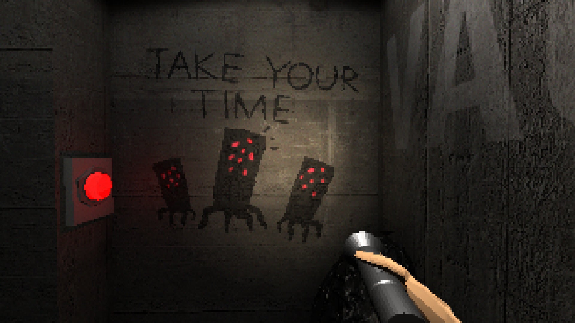 The player looking at a message on a wall in It Steals - 1