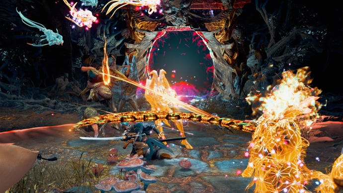 A warrior fighting orangy monsters near a red-tinged portal in Kunitsu-Gami: Path of the Goddess
