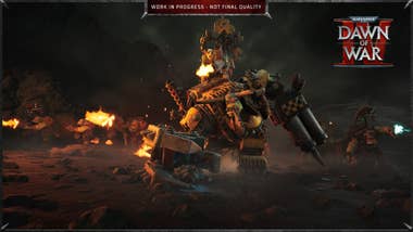An Ork successful a elephantine clunky metallic mechsuit with a claw and a piledriver and different Ork successful a turret connected top, from Dawn of War 4.
