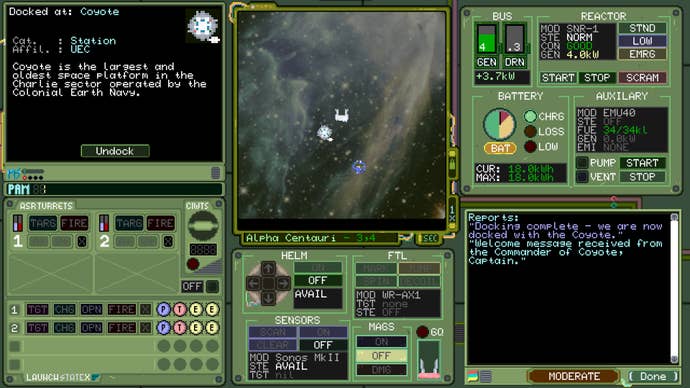 A cluttered pixelart submarine-style dashboard show with a stellar representation screen, a substance feed, tons of dials, and tons of subject abbreviations, from Deck & Conn.