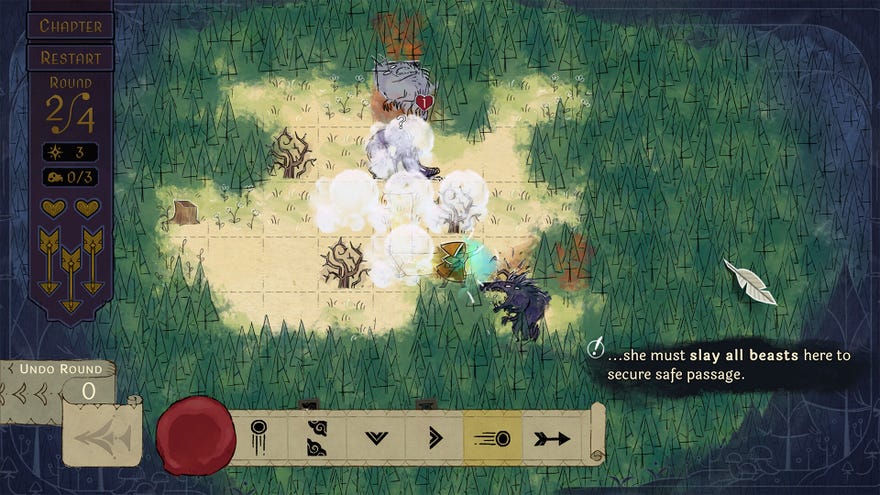A grid-based parchment-style map in tactics game Howl, showing the player character moving through a wood to confront a scribbly wolfish creature