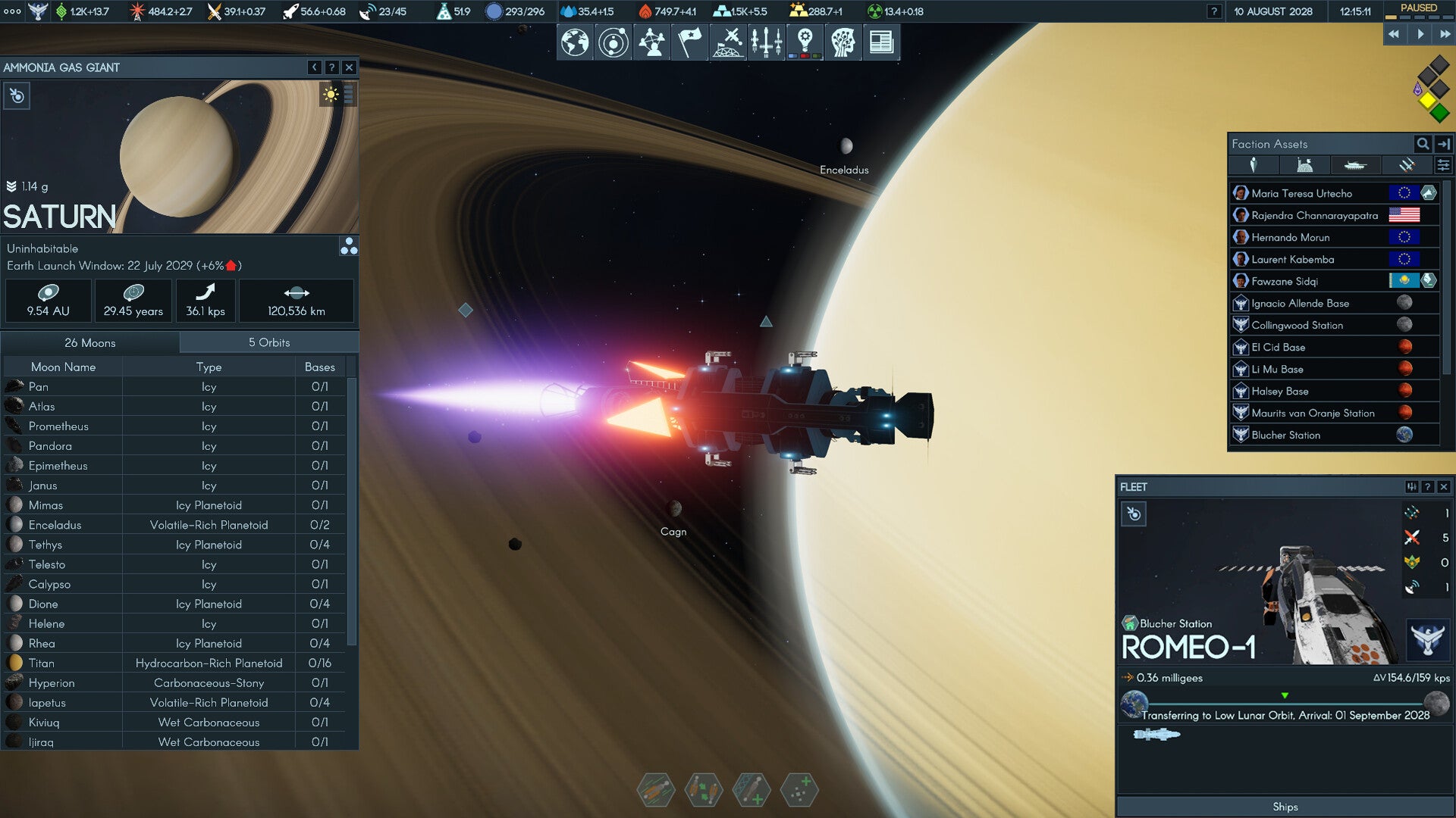 A close-up shot of a ship boosting past Saturn's rings in Terra Invictus, with menus to either side. - 1