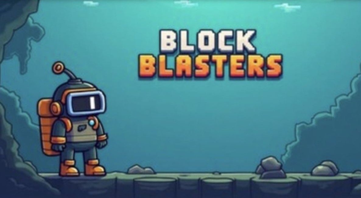 Title art for scam malware game Block Blasters, showing a cartoon diver standing next to the title text. - 1