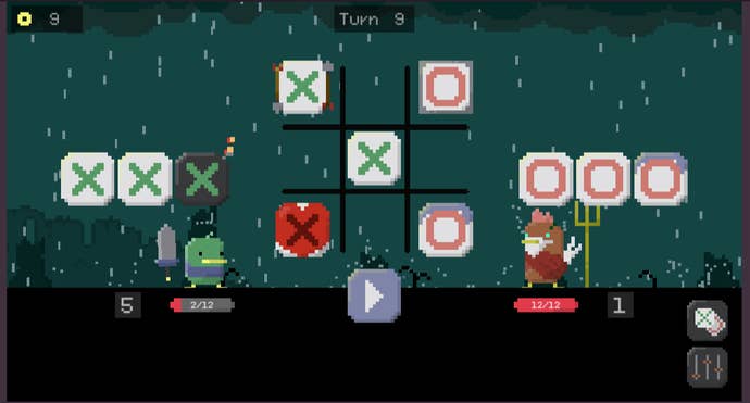 A game of noughts and crosses played by a duck adventurer and a chicken king