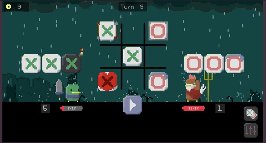 A game of noughts and crosses played by a duck adventurer and a chicken king