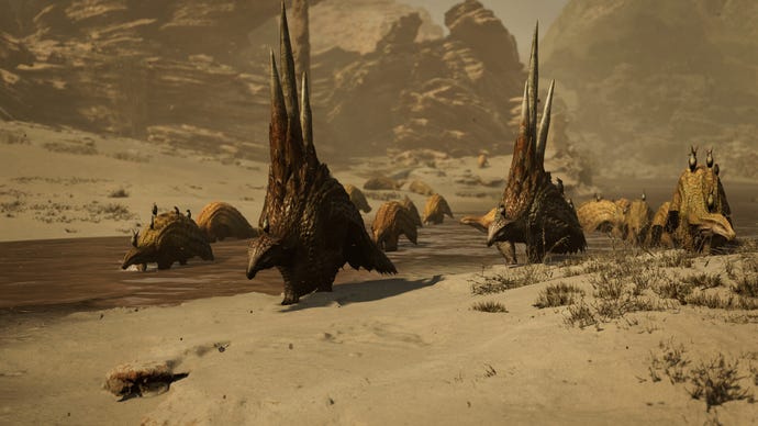 A pack of four-legged spiny creatures walking along a riverbed in Monster Hunter Wilds