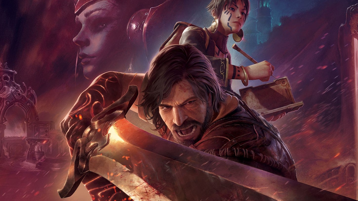 Character art for Blades Of Fire, showing a bearded swordsman, a pen-wielding scholar, and a sinister young queen - 1