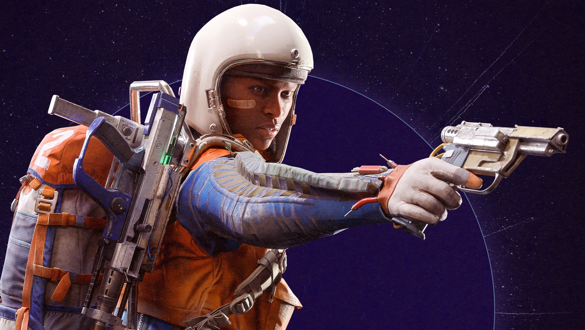 A Black pistillate   successful  a bluish  and orangish  jumpsuit with a bulky rucksack, circular  helmet and rifles propped connected  her back. She's aiming a pistol disconnected  to the right. It's an artwork for Arc Raiders.