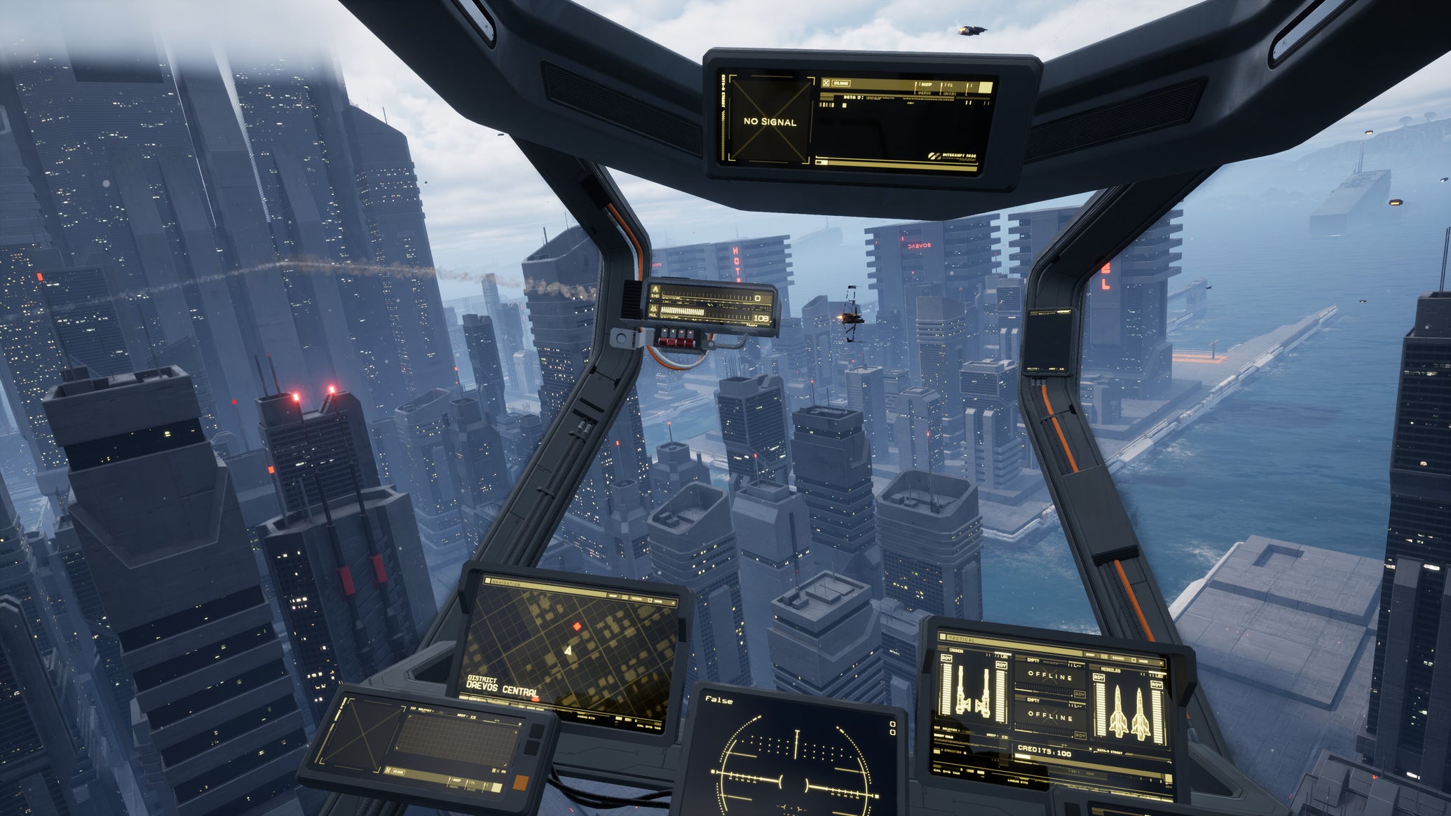 A presumption of a cyberpunk metropolis from the cockpit of a futuristic gunship successful G-Rebels