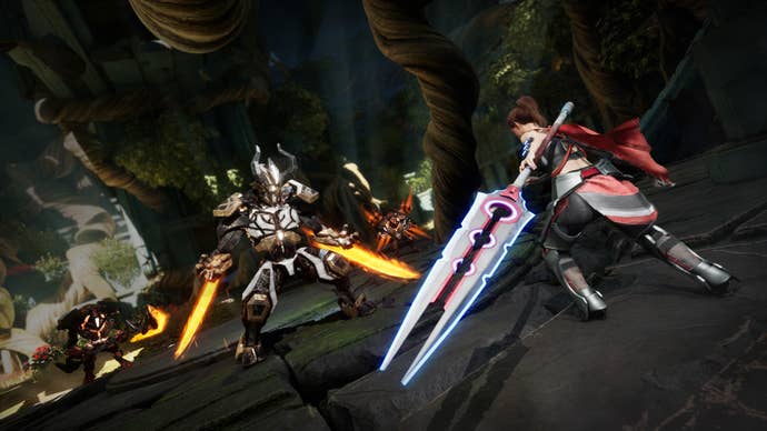 A woman with a double-bladed sword confronting a robot with two flaming knives in Empyreal