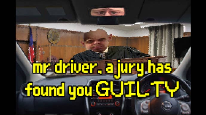 A bleary image of a judge pronouncing you guilty in yellow text as you sit inside a car in InCARceration