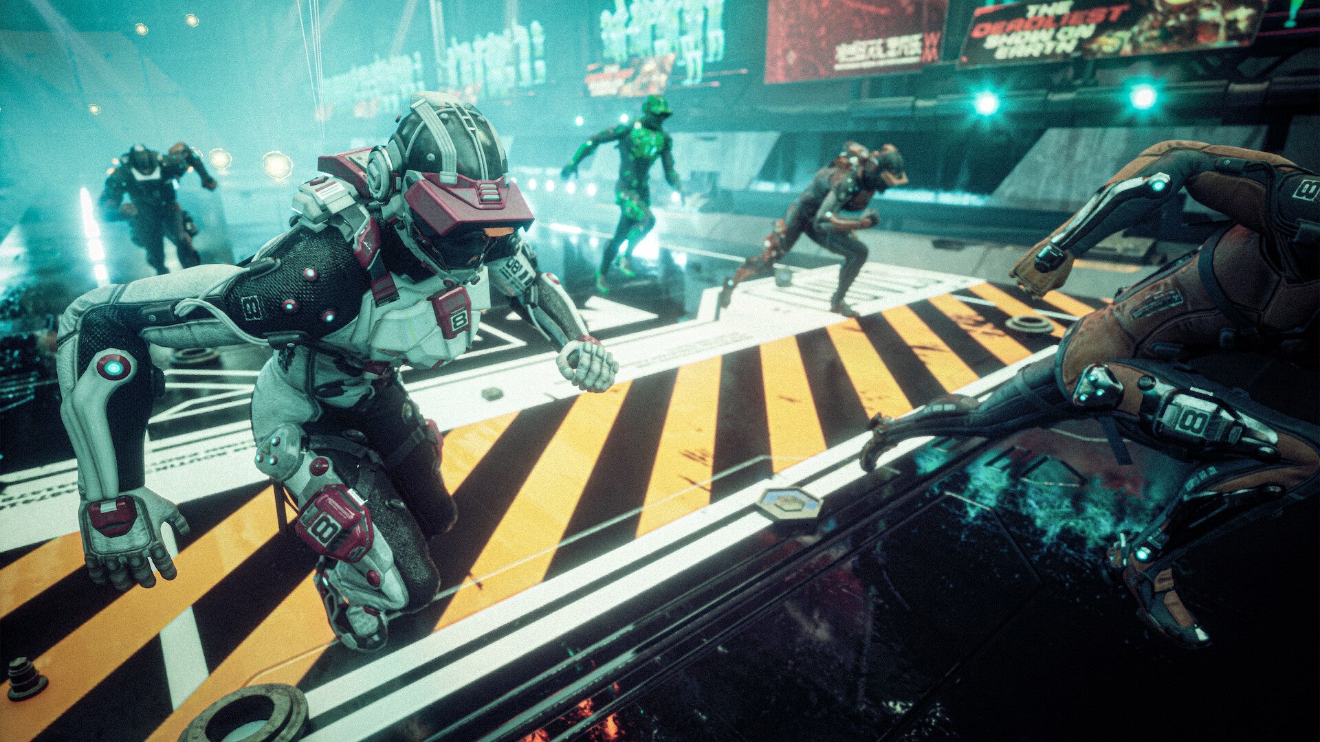 A group of clone runners crossing a hazard yellow line in Deathsprint 66 - 4