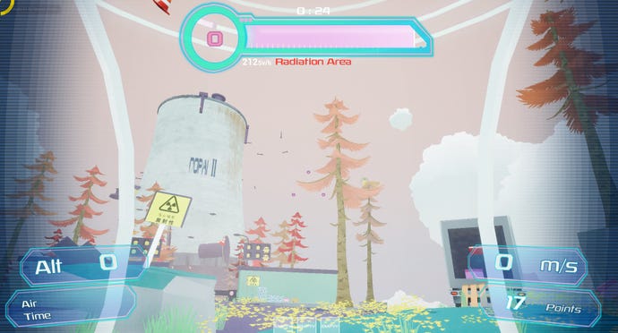 A screenshot of pastel-coloured platformer Forza Polpo, showing a floating island with trees and towers.