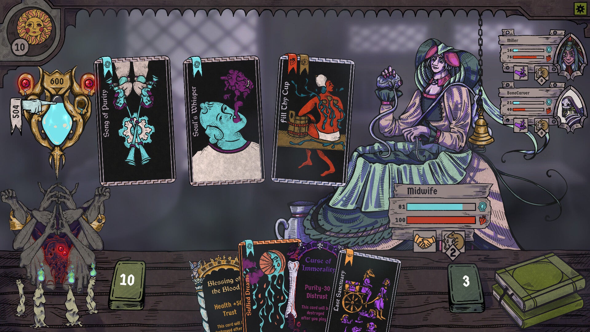 A medieval-style illustration of a seated woman being treated for sickness using Tarot-style cards. The scene is full of bright and mildly revolting colours. - 1