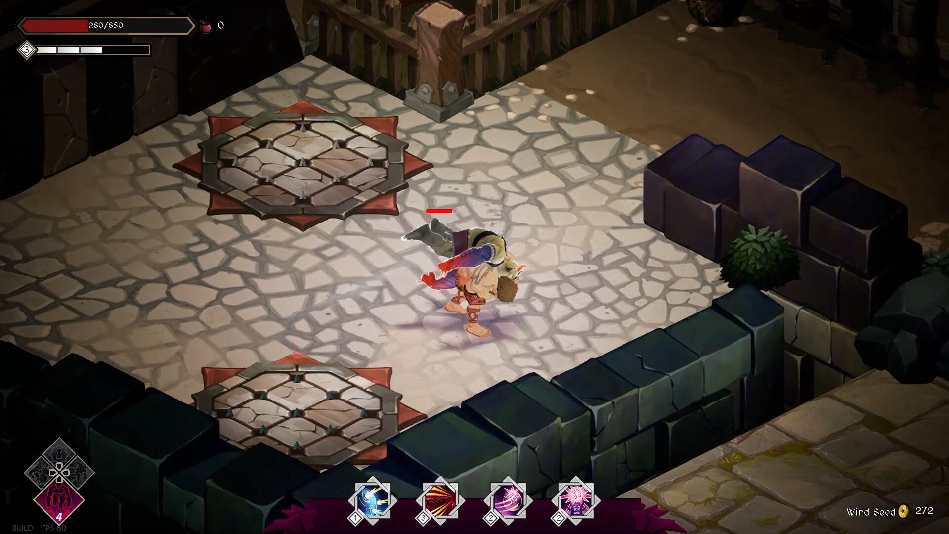 A burly warrior hurling a monstrous creature over his shoulder in a dungeon of pale mosaic floors and stone pillars, seen from an elevated diagonal view. From the game Realm of Fame. - 1