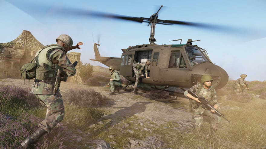 A soldier running to a helicopter in Arma Reforger