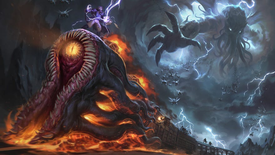 A horrible monster train with an eye and fleshy bits, travelling through a dark world with Cthulhu reaching toward it in the sky