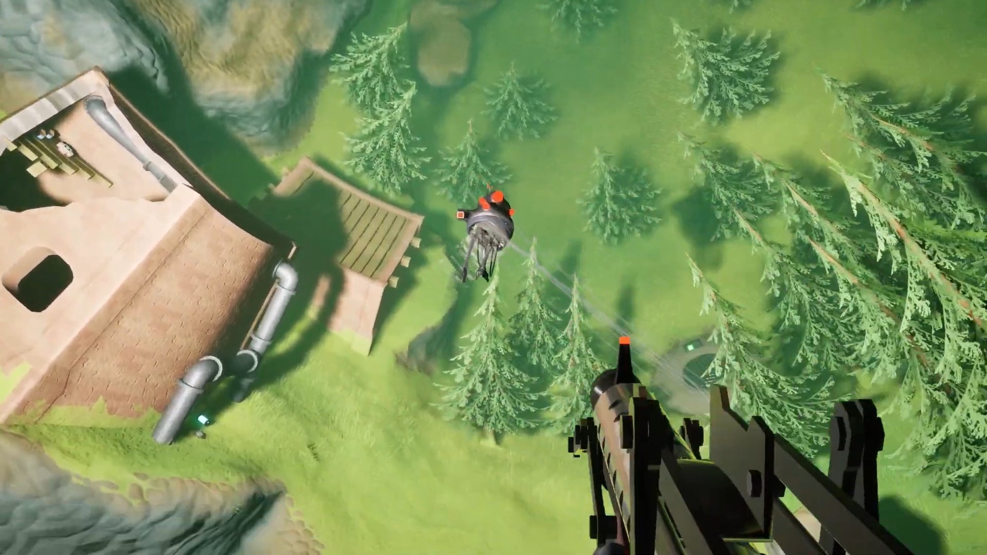 A view of wooded ground and trees overhead from Orbifold, a shooter set inside a giant sphere with anti-gravity locking you to the outside - 1