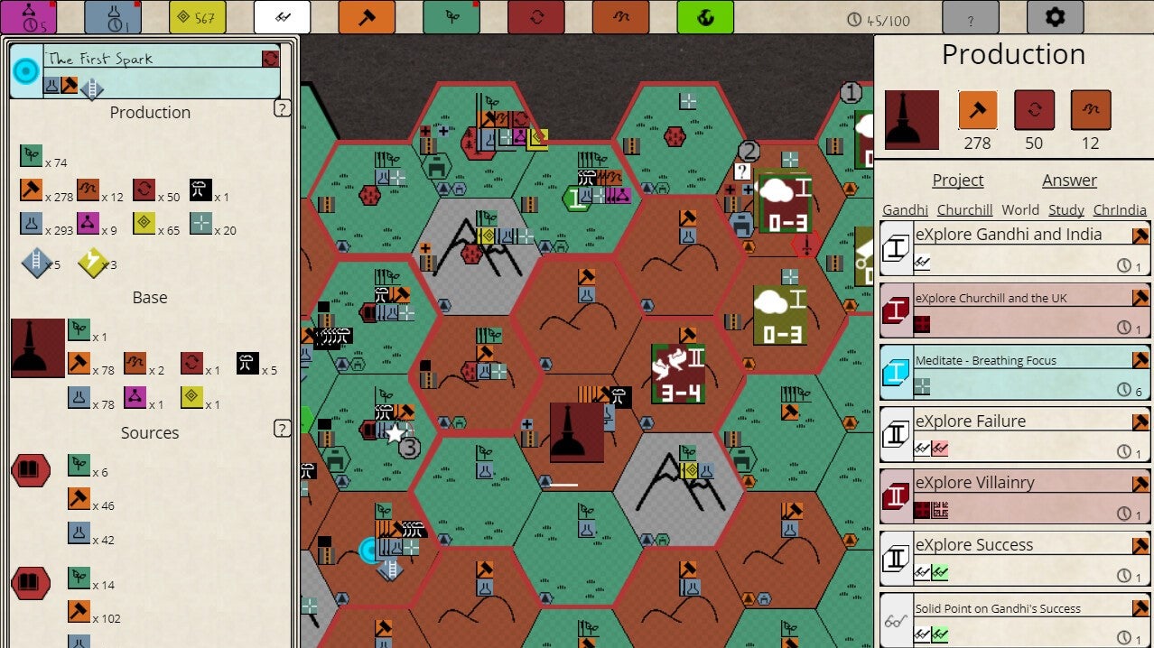 A map screen from Nikhil Murthy's Syphilisation, showing a hexagonal expanse of regions and terrain with menus to either side - 1